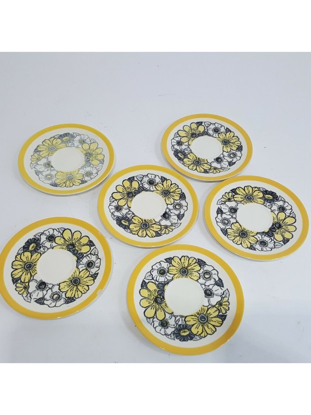 6 Vintage Andre Ponche Mid Century  Modern Decostone Plate Yellow Black Flowers